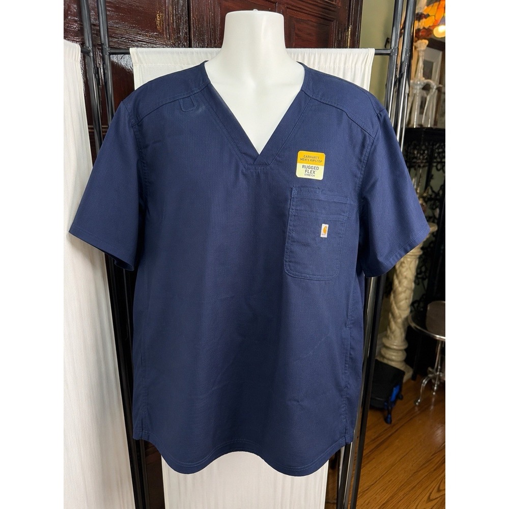 NWT Carhartt Men's Ripstop Rugged Flex Stretch V-Neck Scrub Top Navy Large